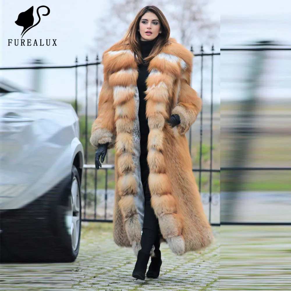 

Winter Thick Warm Real Red Fox Fur Coat Long Slim With Hooded Big Lapel Natural Fur Collar Fluffy Genuine Fur Overcoat For Woman