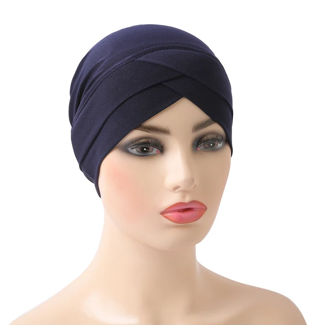 H117 High Quality Criss Cross Muslim Hijab Inner Hat Underscarf Pull On Islamic Scarf Turban Caps Full Headcover Women Headwrap navy blue