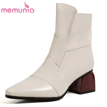 

MEMUNIA 2021 Top Quality Genuine Leather Shoes Women Boots Zip Pointed Toe Autumn Winter High Heels Fashion Ankle Boots Women