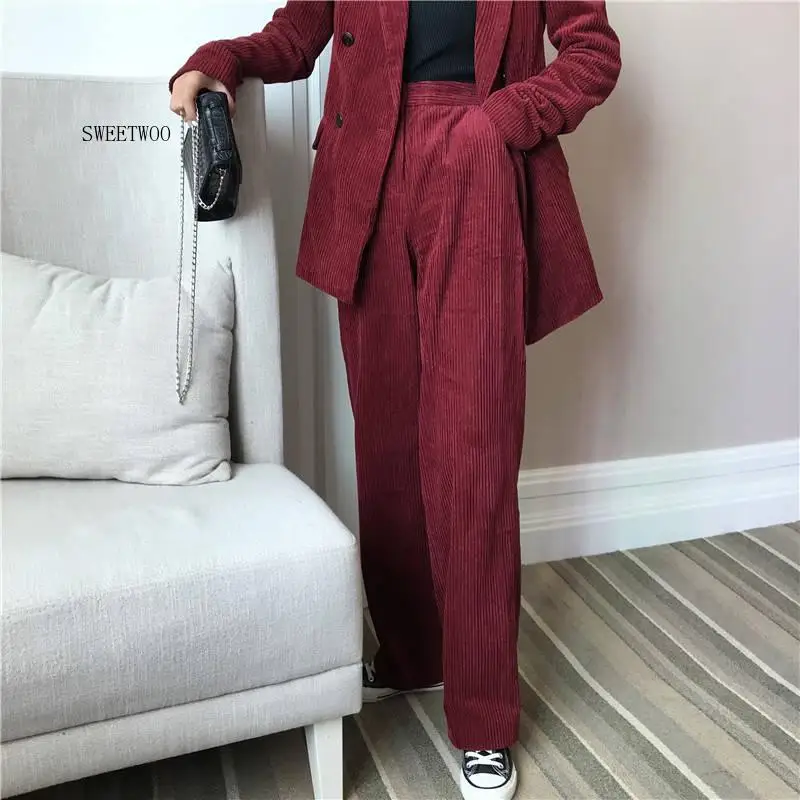 2020 Autumn Solid Women Elegant Corduroy Blazer OL Notch Collar Jacket Female Wine Red Double Breasted Coats