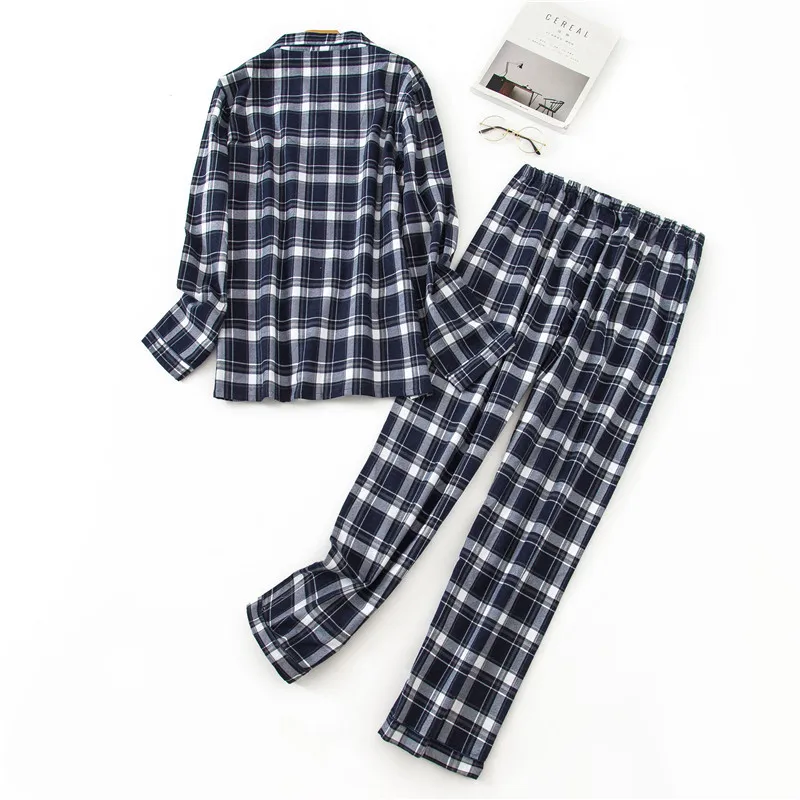 Осень-зима, Мужская пижама из хлопка, клетчатая Домашняя одежда с длинными рукавами, фланелевый Пижамный костюм, длинная свободная ночная рубашка