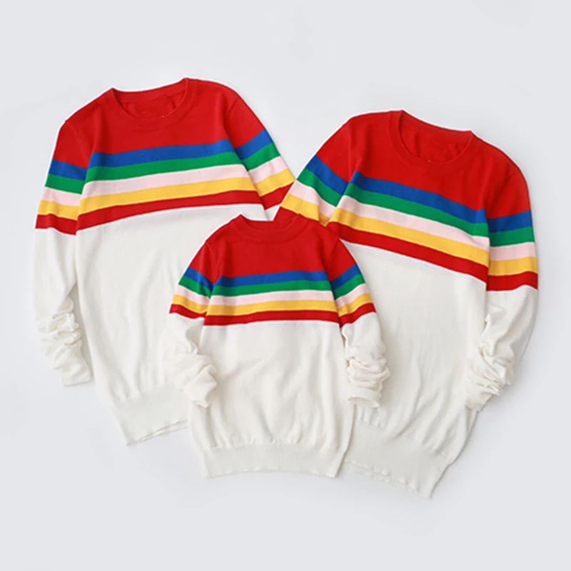 

PatPat Trendy Family Rainbow Stripes Sweaters Spring and Autumn Cotton Round Neck Parent-child Sweater Top