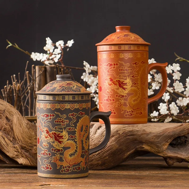 Retro Traditional Chinese Dragon Phenix Purple Clay Tea Mug with Lid Infuser Handmade Yixing Zisha Cup 300ml Teacup Gift | Дом и сад
