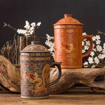 

Retro Traditional Chinese Dragon Phenix Purple Clay Tea Mug with Lid Infuser Handmade Yixing Zisha Tea Cup 300ml Teacup Gift Mug