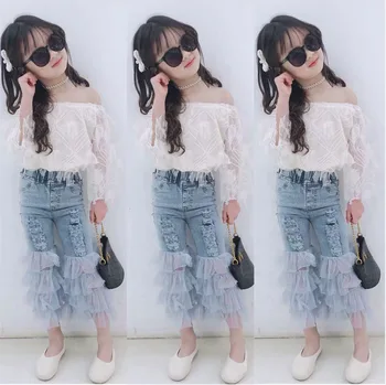 

2020 Baby Summer Clothing Toddler Baby Kids Girls Clothes Mesh Lace Tops Shirt + Ruffle Hole Denim Pants 2Pcs Outfits Set 1-6T