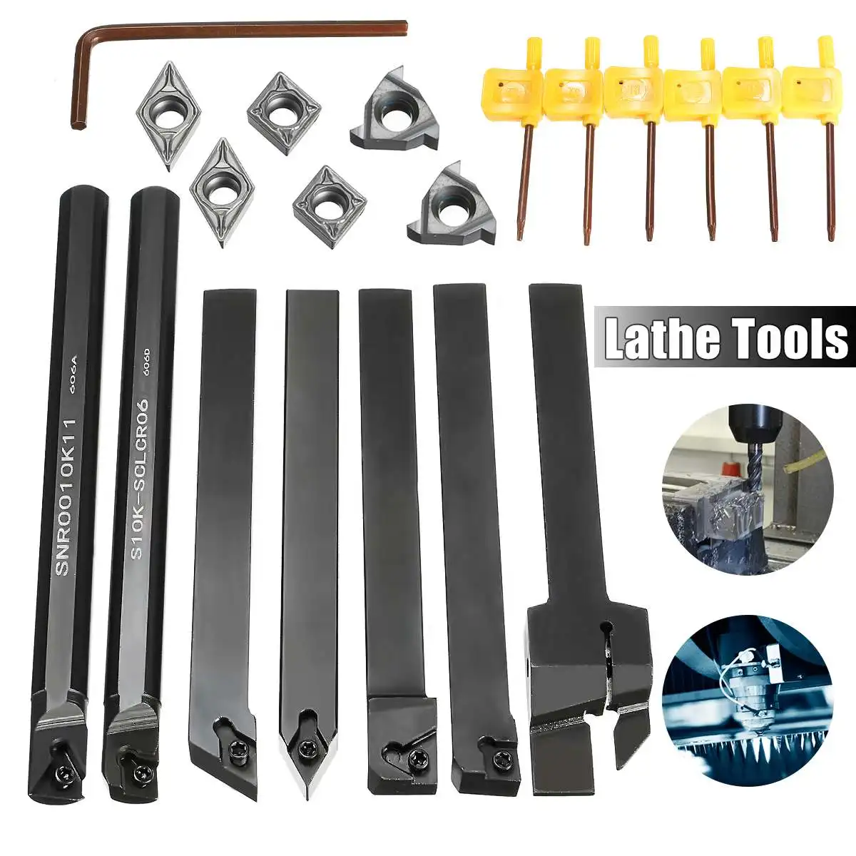 7Pcs 10mm Shank Lathe Turning Tool Boring Bar Holder Kit With CCMT/DCMT