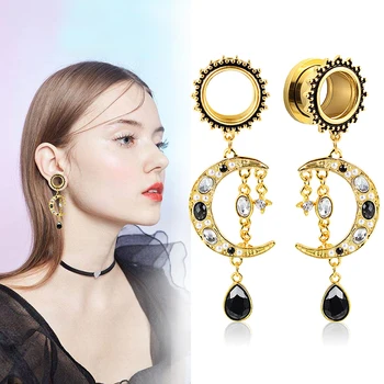 

Vankula 2PCS Dangle Ear Plugs and Tunnels 316L Stainless Steel Ear Gauges Expander Piercing Body Jewelry Moon Shape Earrings