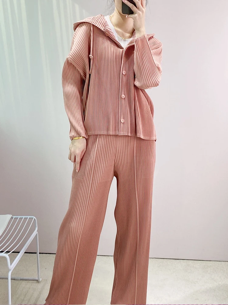 

Autumn New Miyak Pleated Fashion Women Sets High Street Solid Loose large Size Hooded Coat and Pant Two-piece suit