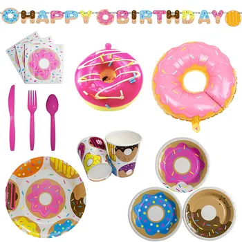 

Donuts Doughnut Happy Birthday Party Set Decoration Paper Plate Cup Towel Tableware Knife Fork Spoon Pull Flag