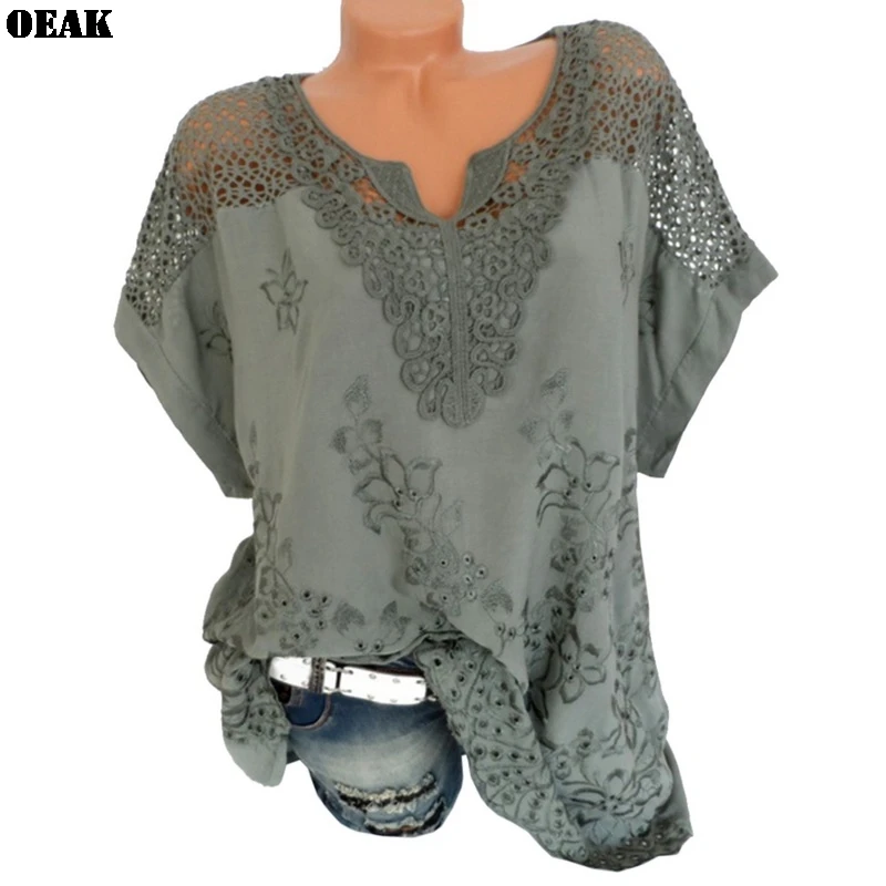 

Oeak 2019 Fashion Summer Lace Hollow Out Women Blouse Short Sleeve Casual Loose Shirts Top Female White Crochet Blouse 5XL