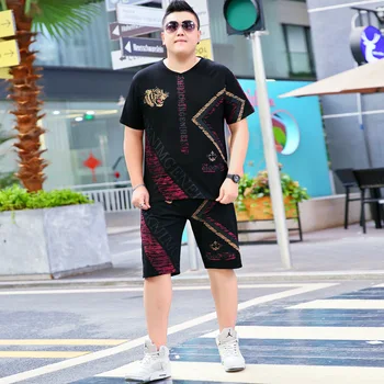 

Fat Men Plus Fat Increase Code Printing Leisure Time Motion Suit Fat Man Short Sleeve T-shirt Wei Pants Two-piece Set