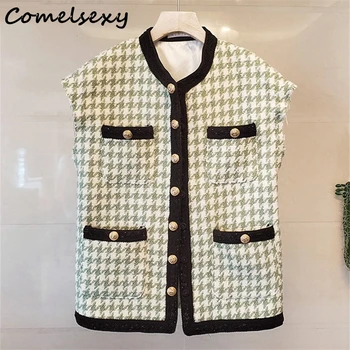 

2020 Autumn Houndstooth Tweed Women Vest Coats Sleeveless O-neck Single-breasted Pockets Jackets Fashion Elegant Ladies Vest