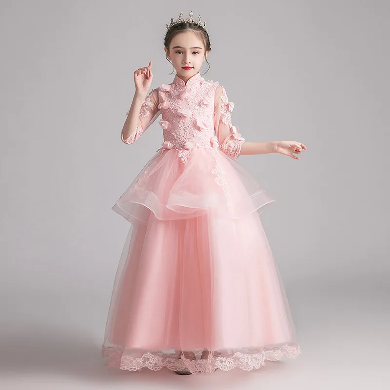 Корейское милое детское Сетчатое платье принцессы с цветочной аппликацией на день рождения, свадьбу, вечеринку для маленьких детей, костюмы для фортепиано, кружевная одежда
