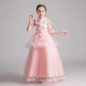 

Korean Sweet Children Girls Appliques Flowers Birthday Wedding Party Princess Mesh Dress Baby Kids Host Piano Costumes Lace Wear