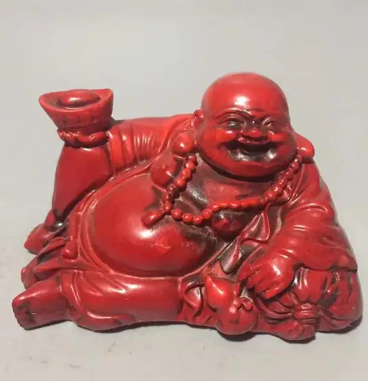 Китайская Красная Коралловая резная статуя Будды Maitreya счастливого со смехом