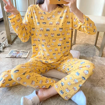 

Women Pajamas Set Girl Sleepwear Cute Cartoon Shiba Inu Dog Women Pyjamas Suit Female Home Clothing 2019 Nightwear