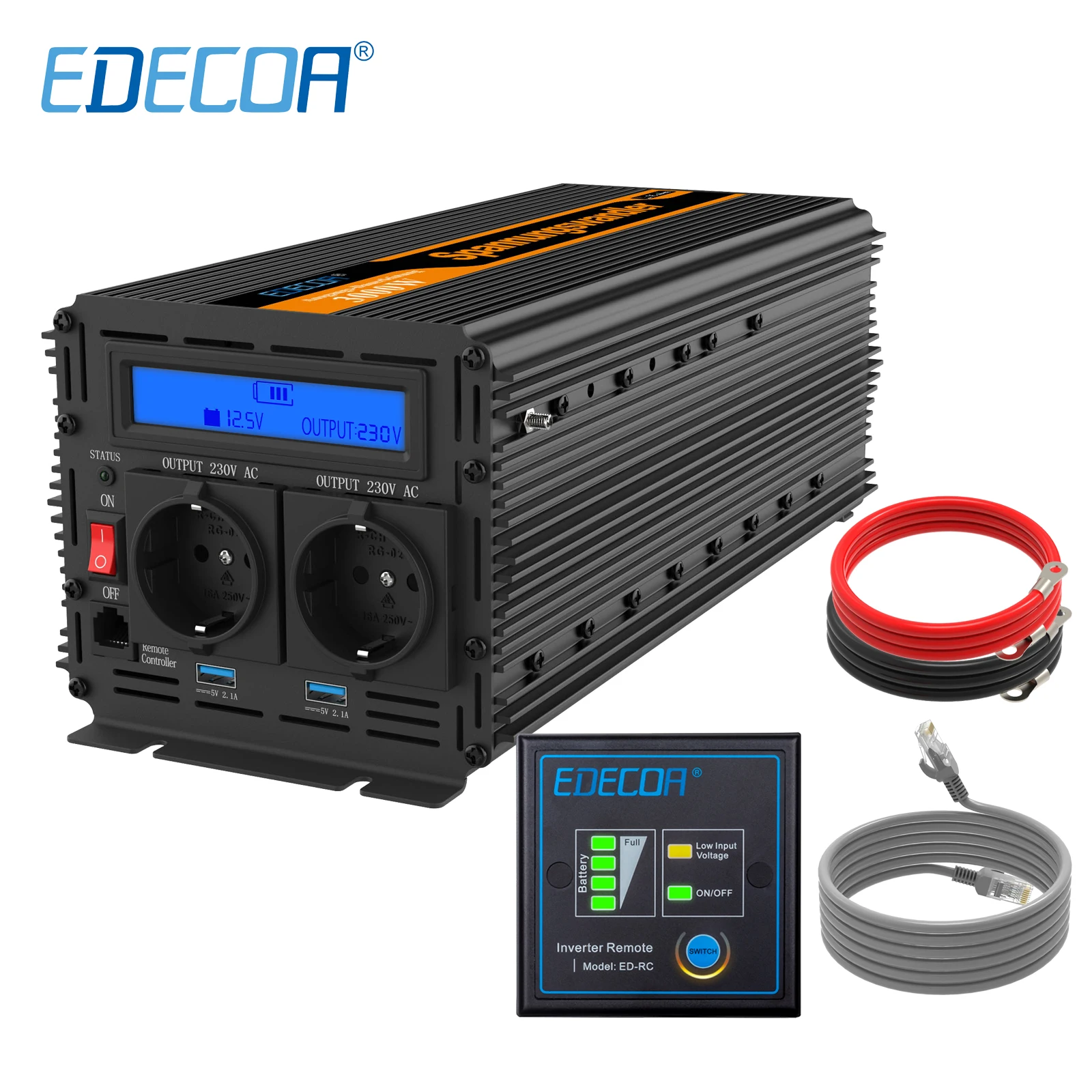 EDECOA power inverter 3000W AC 220V 230V 240V DC 12V modified sine wave with 5V 2.1A USB LCD display and remote controller