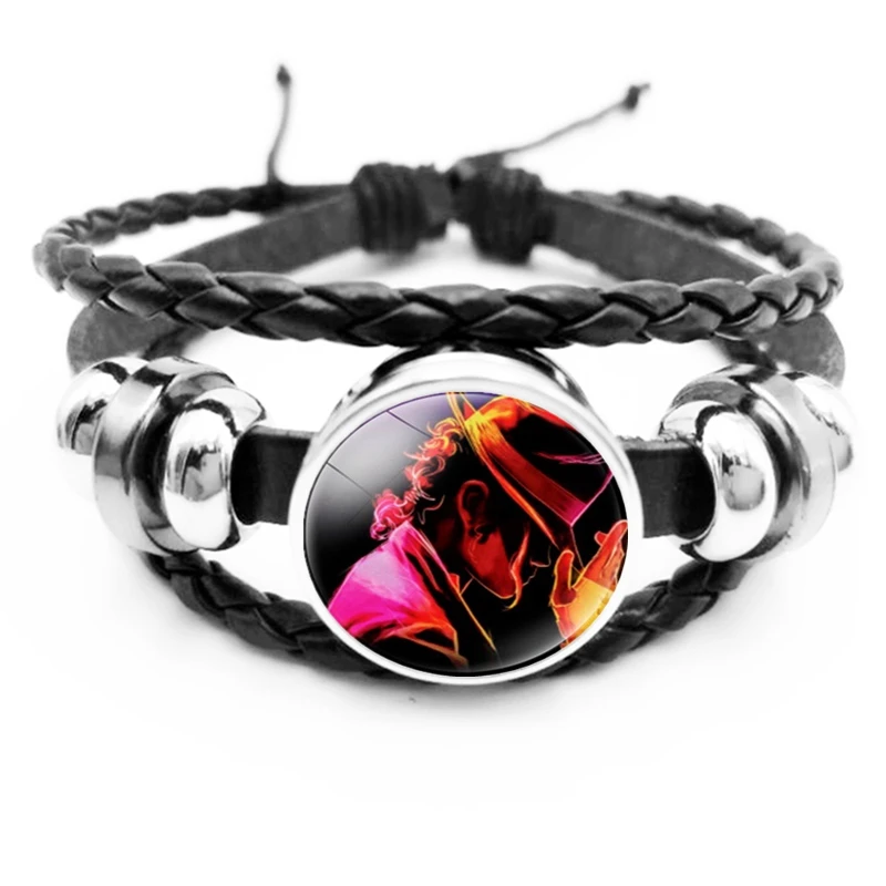 

World Music King Mike Jackson Glass Cabochon Snap Button Black Leather Braided Bracelet Men and Women Jewelry Gift Bracelet