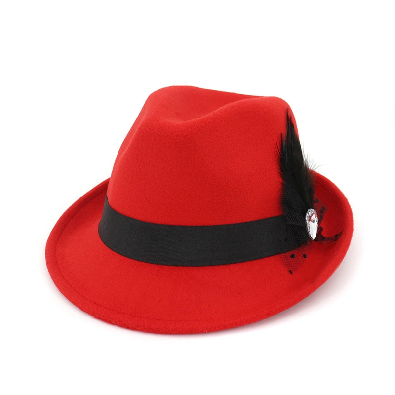 FS зима осень Fedora Шляпа черная для женщин мужчин боулинг, джаз шляпы сомбреро Mujer Трилби кепки свернутые короткие полями с перьевой лентой - Цвет: Red fedora