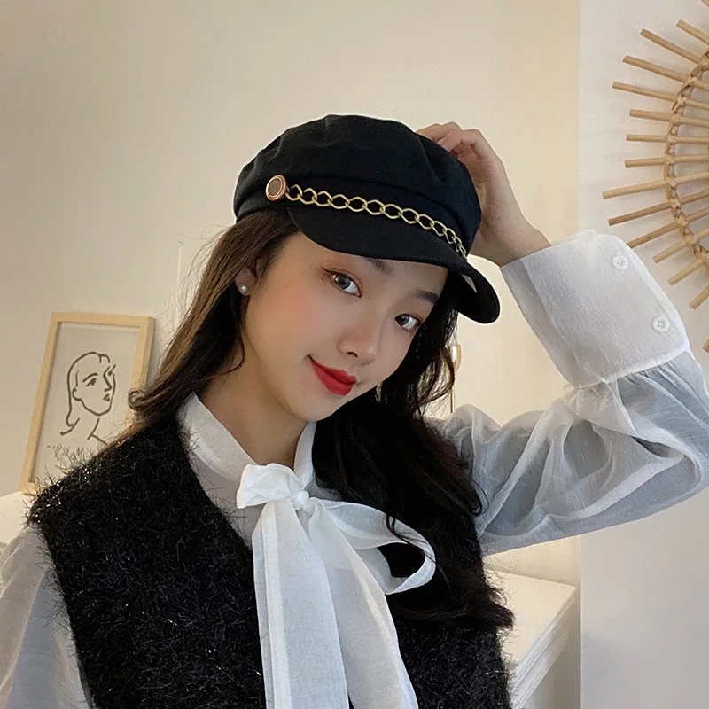 

Japan Summer Fashionable Thin Breathable Versatile Brim Hat Women's Chain Octagonal Hat Flat Roof Military Cap Cap Beret Fashion