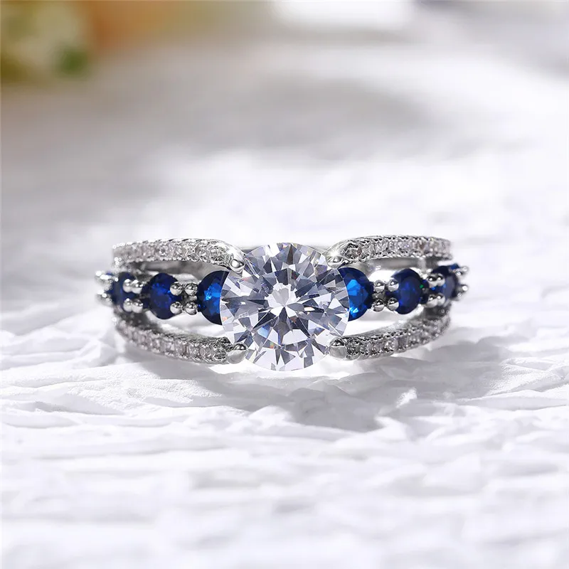 Huitan Special-interest Wedding Rings Women Blue/White Round CZ Novel Designed Female Party Ring Temperament Gift Trendy Jewelry