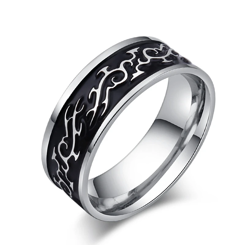 

JZ075 Luxury Brand Jewelry Women Stainless Steel Men Rings 2019 New Arrivlas China Ethnic Epoxy Black Dragon Ring