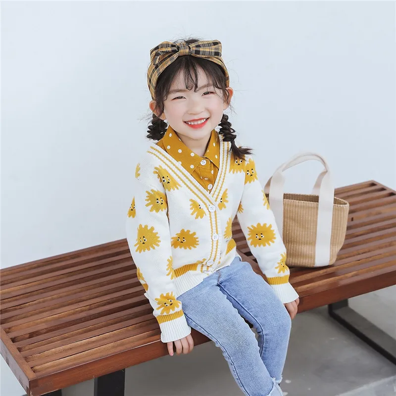 Autumn Spring mother daughter Sun daisy cardigan V-neck sweaters long sleeve Korean soft Mommy and me casual clothes family look