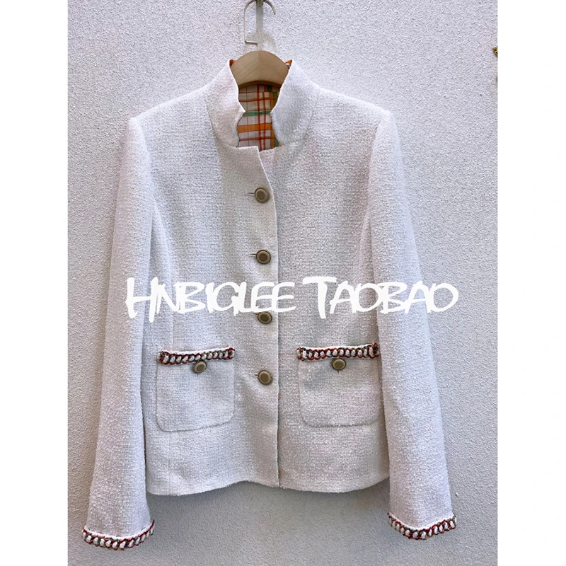 

Ziwwshaoyu Designer Brand White Rough Weave Lined Plaid Print Single-Breasted Fashion Thin Jackets Short Coat Women's Clothing