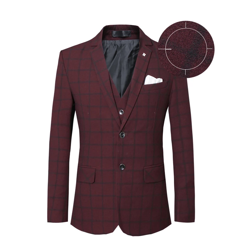Dark red Пиджак+ жилет+ брюки) Новая мода мужской бутик плед свадебное платье костюм из трех частей мужские формальные деловые случайные костюмы - Цвет: Dark red