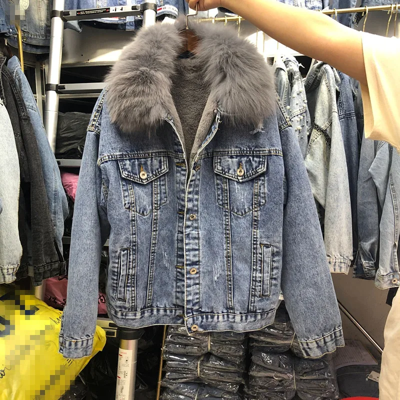 

2019 Autumn and Winter New Thick Denim Jacket Real Fur Collar Plus Wool Liner Warm Coat Woman Jeans Jacket Outwear