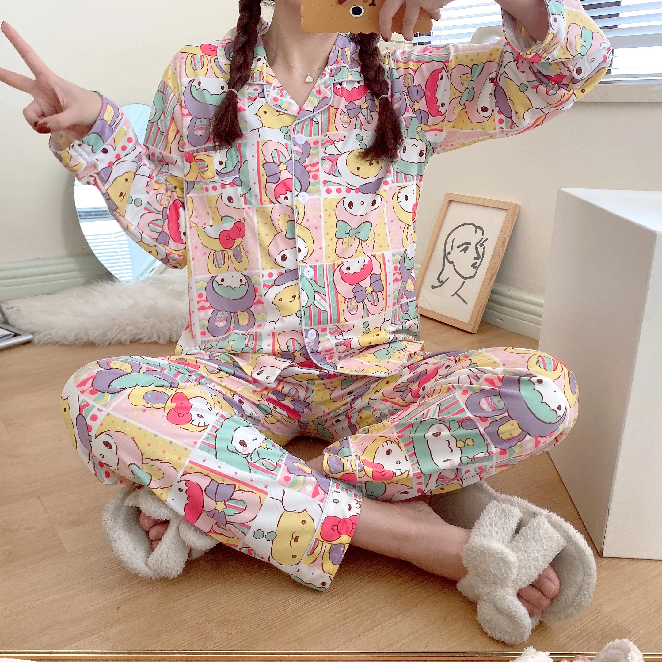 CAIYIER Winter Women Pajamas Suit Long Sleeve Trousers Lounge Lovely  Girls Cartoon Rabbit Loose Cardigan Sleepwear Homewear 2XL