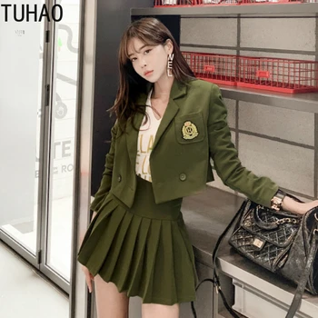 

Preppy Style Badge Skirt Suits Femal Outfits Long Sleeve Blazer Jacket + High Waist Pleated Skirt Woman Blazer Skirt Set T2706