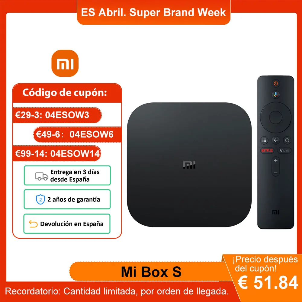 Xiaomi Mi Box S, reproductor multimedia de Streaming 4k Ultra HD, WIFI 2G, 8G, BT 4,2, Google Cast