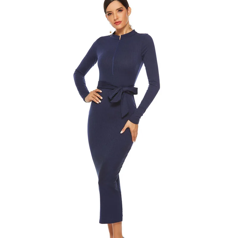 Jessie Vinson длинный рукав v-образный вырез плюс размер облегающее длинное платье-свитер женское сексуальное трикотажное платье на молнии с поясом осень зима теплое - Цвет: Dark blue