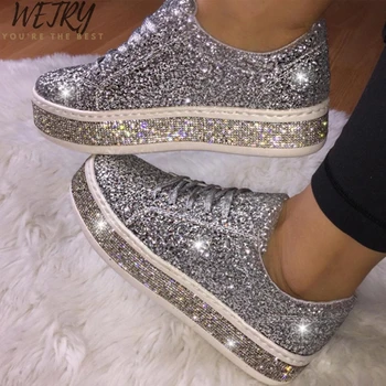 

2020 Women's Glitter Sneakers Woman Flat Shoes Spring Casual Ladies Vulcanized Female Flat Platform Lace Up Fashion Shoes