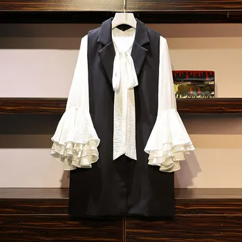 

Autumn Two Piece Set Women Casual Turn-Down Collar Single Button Vest Blouse Flare Sleeve Office Lady Suit