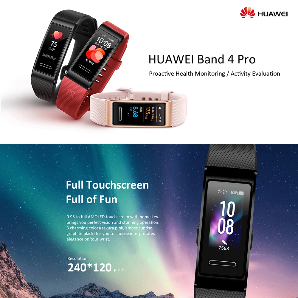HUAWEI Band 4 Pro gps сенсорный экран Смарт-часы лица Водонепроницаемый BT Спорт фитнес-трекер монитор сердечного ритма браслет