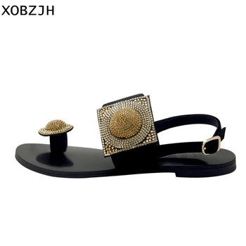

Designer Women Summer Shoes Flat Luxury Sandals 2019 Rhinestone Ladies Leather Lace Up Sandals Slippers Shoes Woman Flip Flops