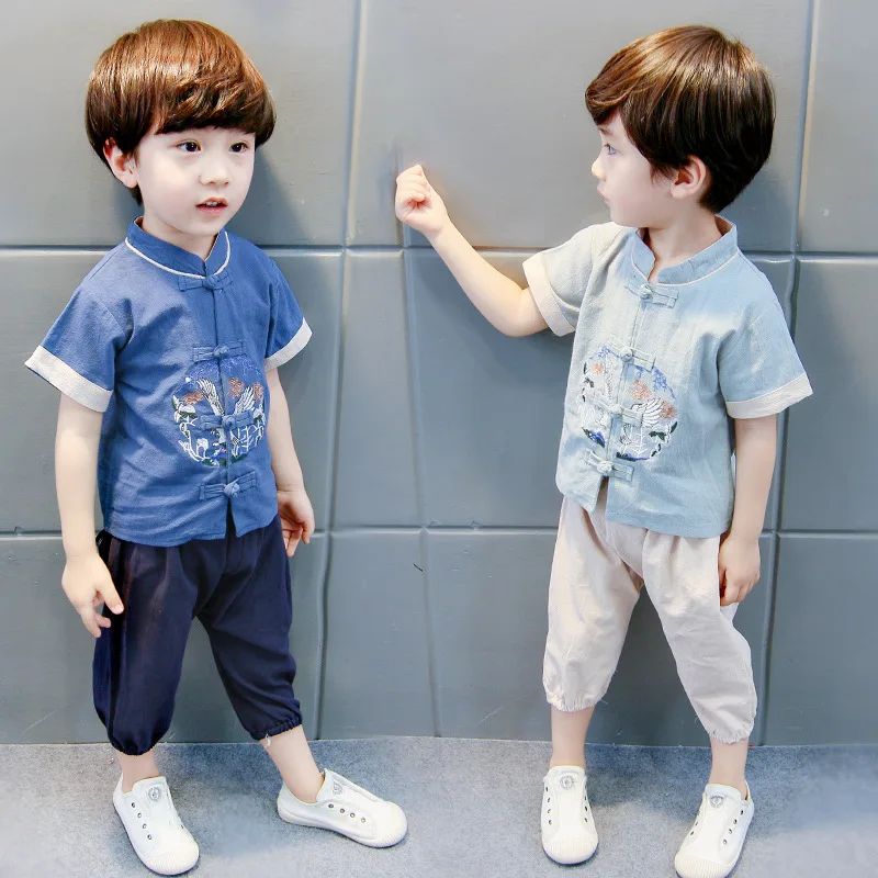 

BOY'S Ethnic-Style Chinese Clothing Set Children Embroidered Eagle Flying Crane Short Sleeve Two-Piece Set Cartoon