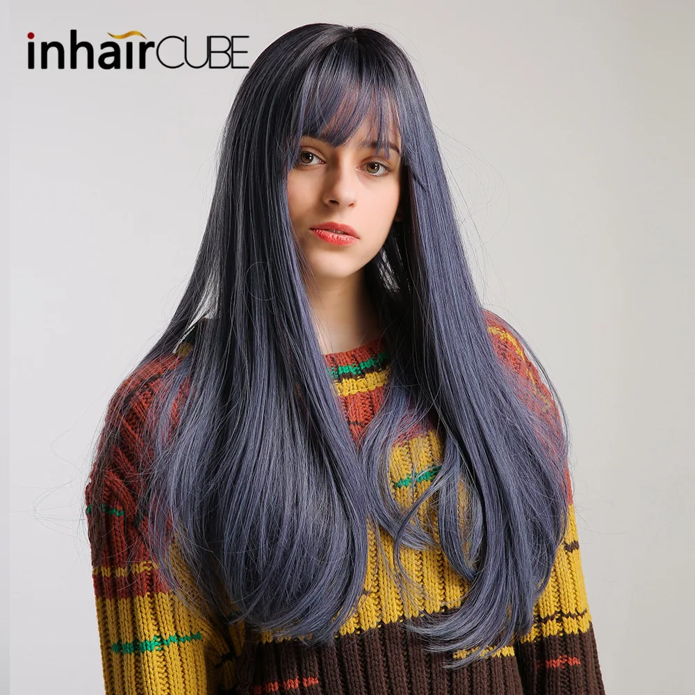 

Inhaircube 20" Long Mixed Color Blue Straight Synthetic Hair Wigs with Bangs Cosplay Daily Use Black Women Lolita Half Wig