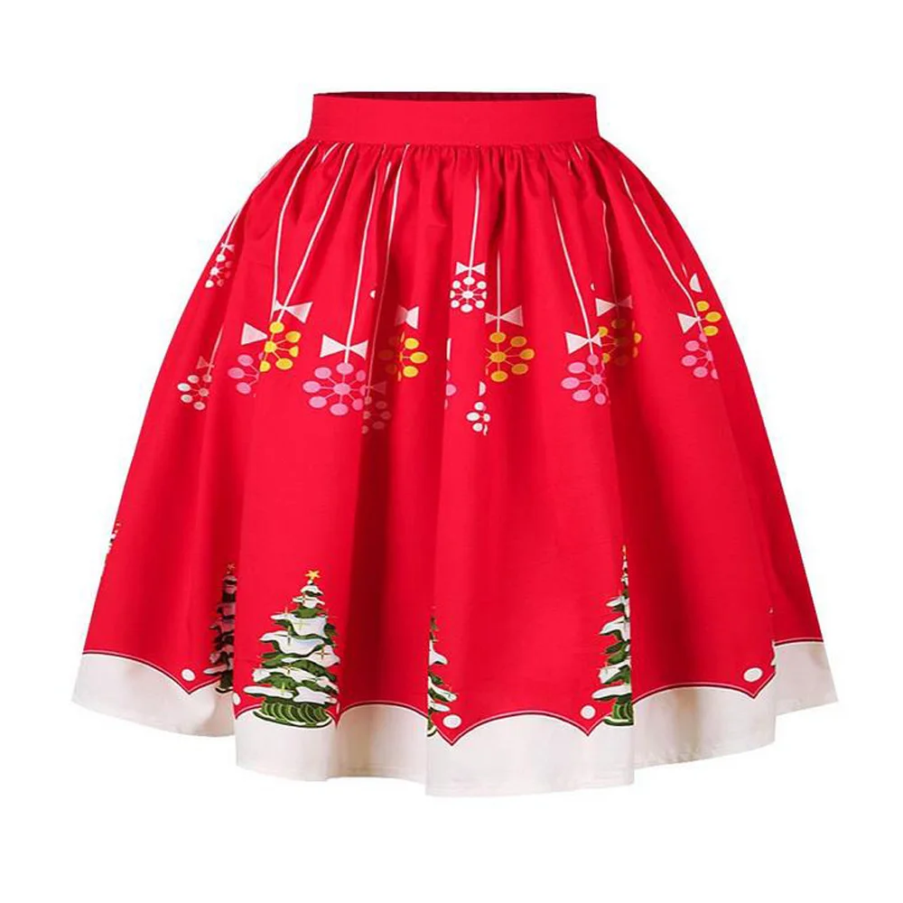 Vintage Flared A-Line Skirt Women Elastic High Waist Christmas Print Pleated Midi XMAS Retro Party Swing Skirts Womens | Женская одежда