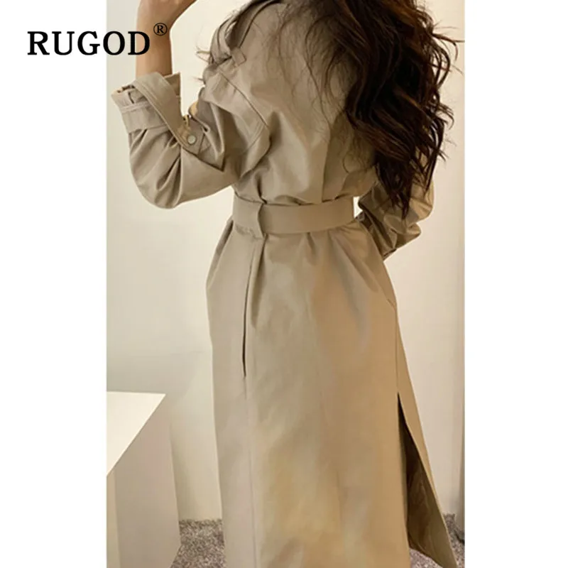 RUGOD, новинка, Модный женский длинный Тренч, корейский шик, темперамент, элегантный Тренч, однобортный, уличная одежда, пальто с поясом