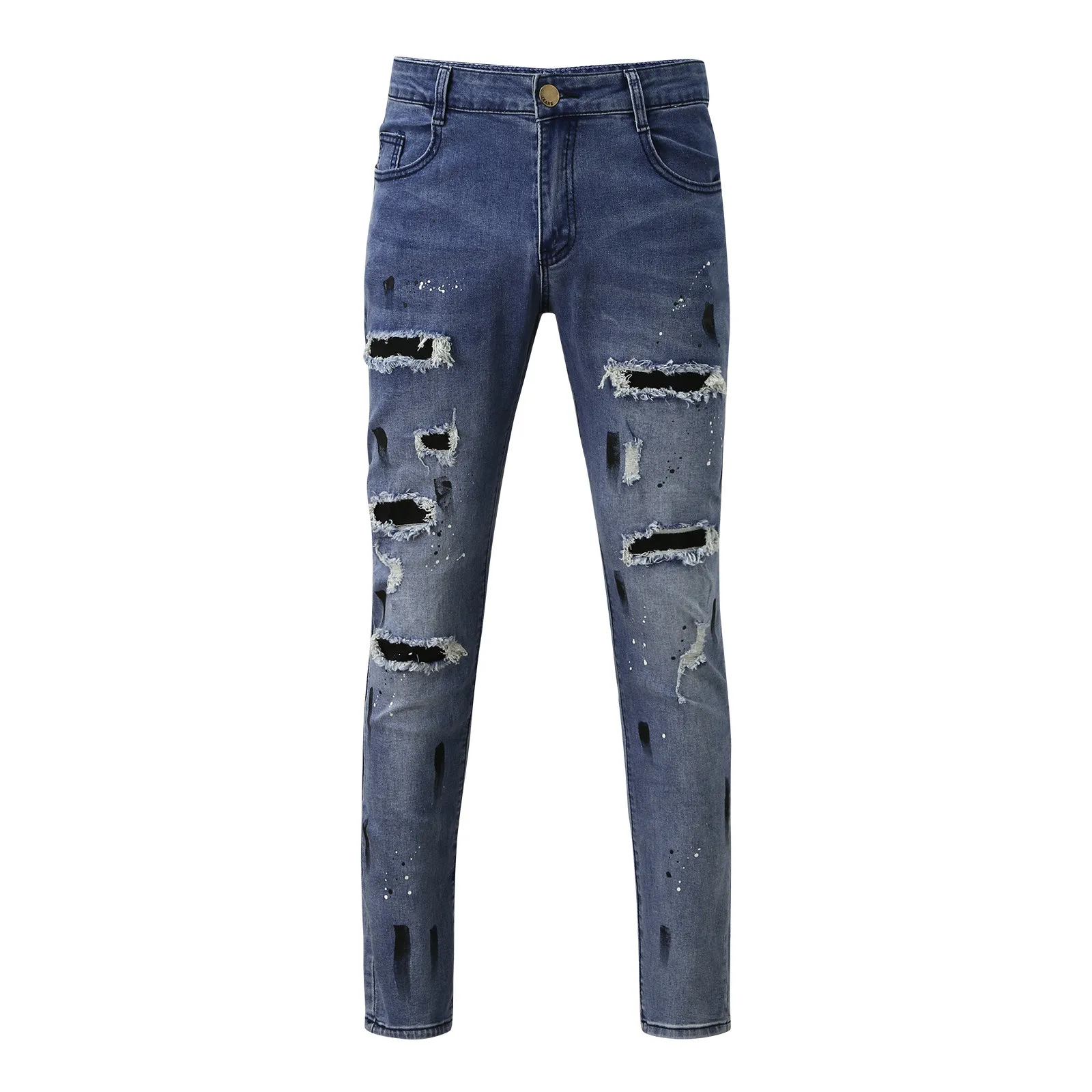 Dark Blue Jeans Men's Casual Jeans Solid Color Ripped Holes Frayed Gradient Washed Trousers Streetwear Hip Hop Style Jeans 2