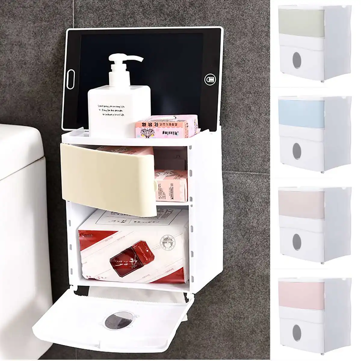

Storage Holder Case Plastic Double Layer Self Adhesive Waterproof Wall Mounted Bathroom Bath Toilet Paper Tissue Box