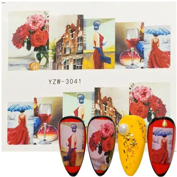 

2020 New Designs Full Wrap Nail Sticker Slider Floral Red Wine Girl Urban Lady Fashion Show Retro Style Water Transfer Decal