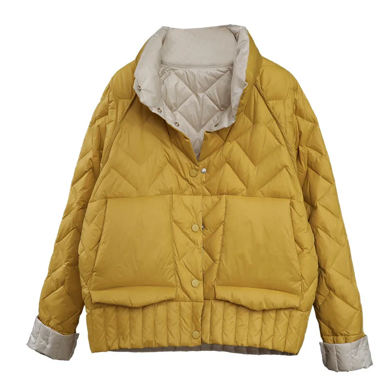 Зимнее клетчатое пуховое пальто, корейская мода, подходит ко всему, новое повседневное свободное женское пальто с карманами на пуговицах, теплое белое пуховое пальто - Цвет: Цвет: желтый