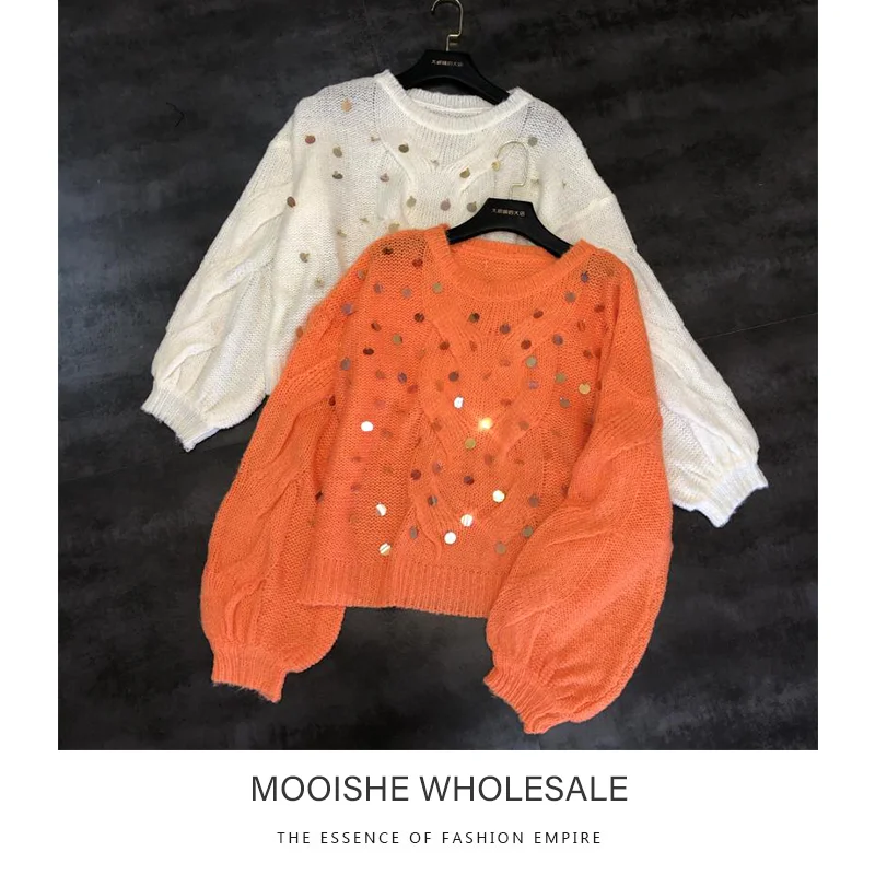 

2019 Autumn New Big Sequins Shiny Solid Color Long-sleeved Loose Wool Sweater Sweater Female Tide