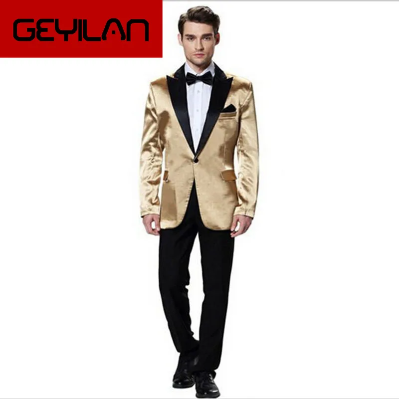 

Top Selling New High Quality costume homme groom suits Gold three Piece men suit peaked lapel formal suits ( jacket+Pants+tie)