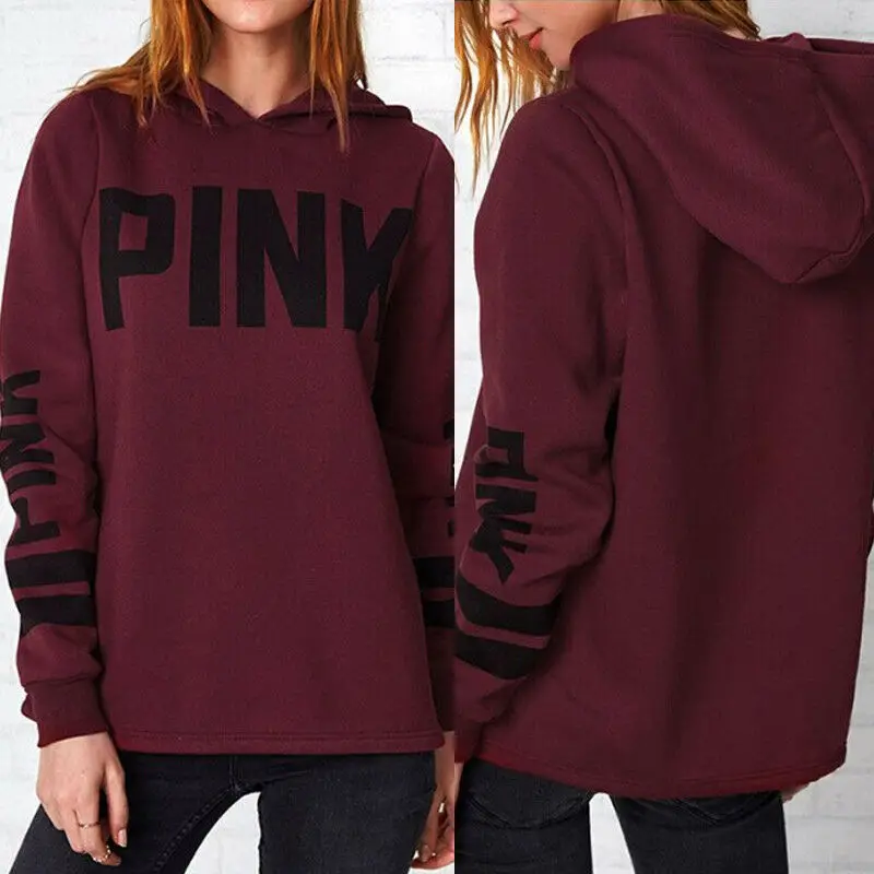  Women Long Sleeve Letter Pink Hoodie Pullover Sweatshirt Casual Loose Hooded Winter Tops