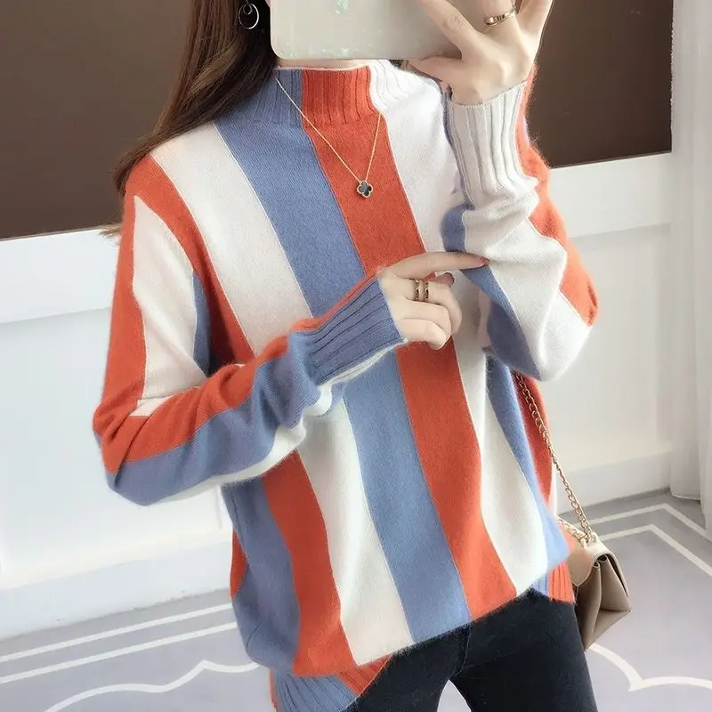 

Rainbow Stripe antumn and winter Sweater Contrast Knitted Pullover 2019 Long Sleeve Turtleneck Knitwear Fashion Slim Women Jump